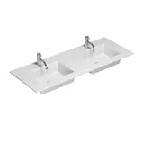 Rått og moderne bad i urban stil. Flotte servantskap og runde speil med sorte kanter