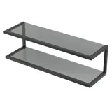 Rått og moderne bad i urban stil. Flotte servantskap og runde speil med sorte kanter