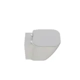 Lite, stilfullt baderom med mørkeblå vegger, myke gule baderomsmøbler med riller, og elegant rundt speil med lampe.