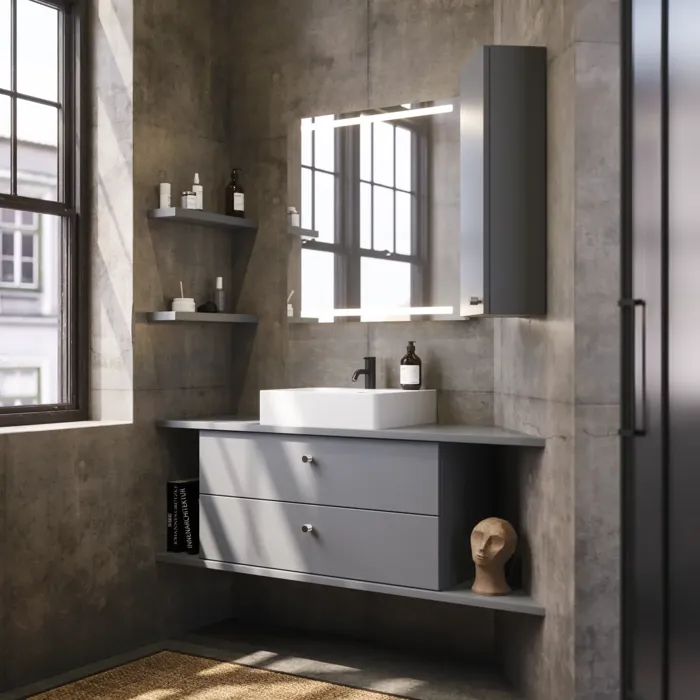 Baderomsinspirasjon med skråvegger, grå servantskap og overskap, spesialtilpassede benkeplater, moderne firkantet bordstående servant, firkantet speil med lys, rå betongvegger og gulv gir et urbant uttrykk