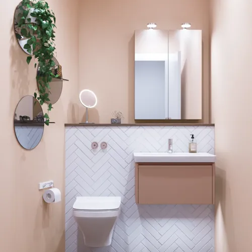 Lite baderomsinspirasjon med vaskeskap i spesialfarge med integrert grep, speilskap med lamper, dekorasjonsspeil med tonet glasshylle, hvite fiskebeinsfliser gir et stilrent og klassisk uttrykk.