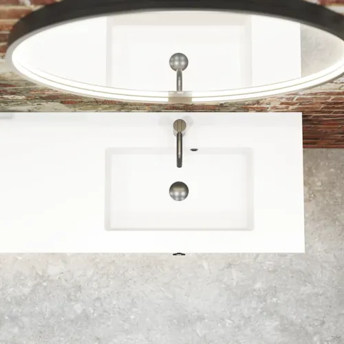 Rått og moderne bad i urban stil. Flotte servantskap og runde speil med sorte kanter