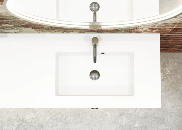 Rått og moderne bad i urban stil. Flotte servantskap og runde speil med sorte kanter