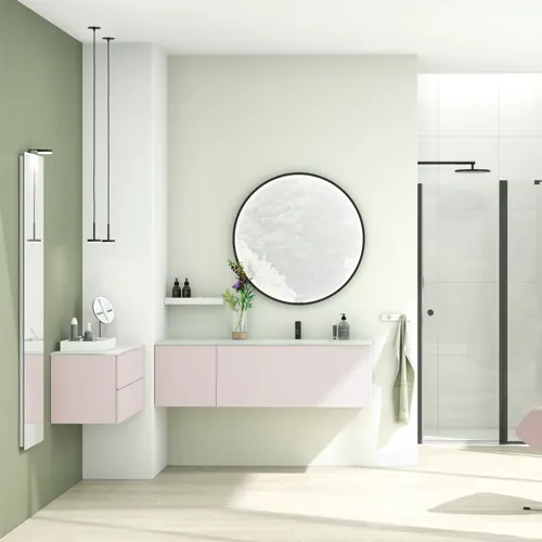 Stort og lyst baderom i minimalistisk stil med myke pastellfarger og elegante grønne nyanser, stilfullt rundt speil og moderne innredning