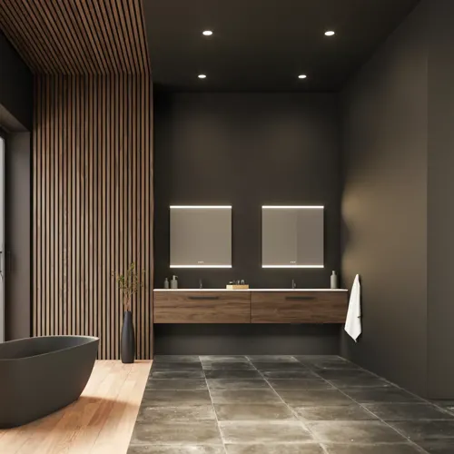 Stor baderomsinspirasjon med servantskap og trelameller i brun eik, frittstående badekar, og firkantede speil med lys, elegant dobbelservant gir et moderne og symmetrisk utseende